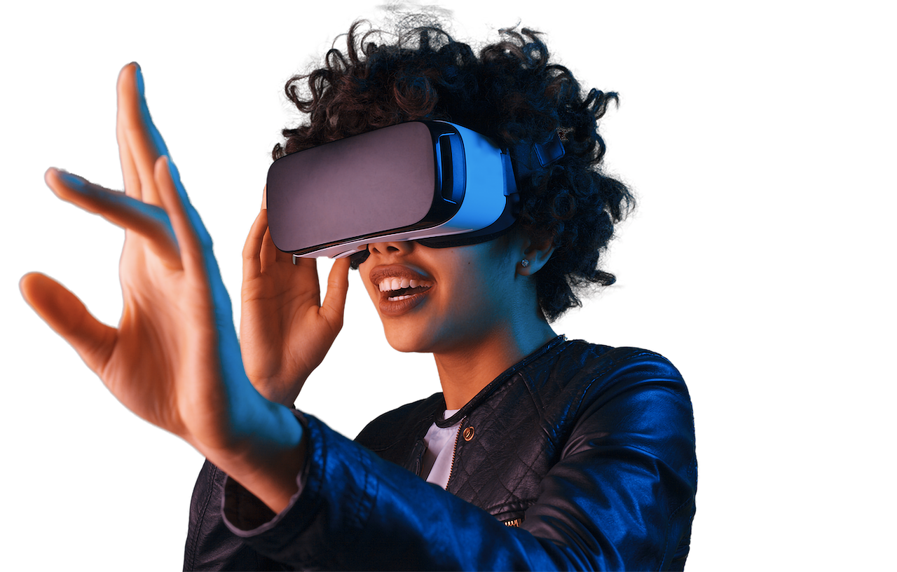 woman gestures with her hand while wearing virtual reality goggles