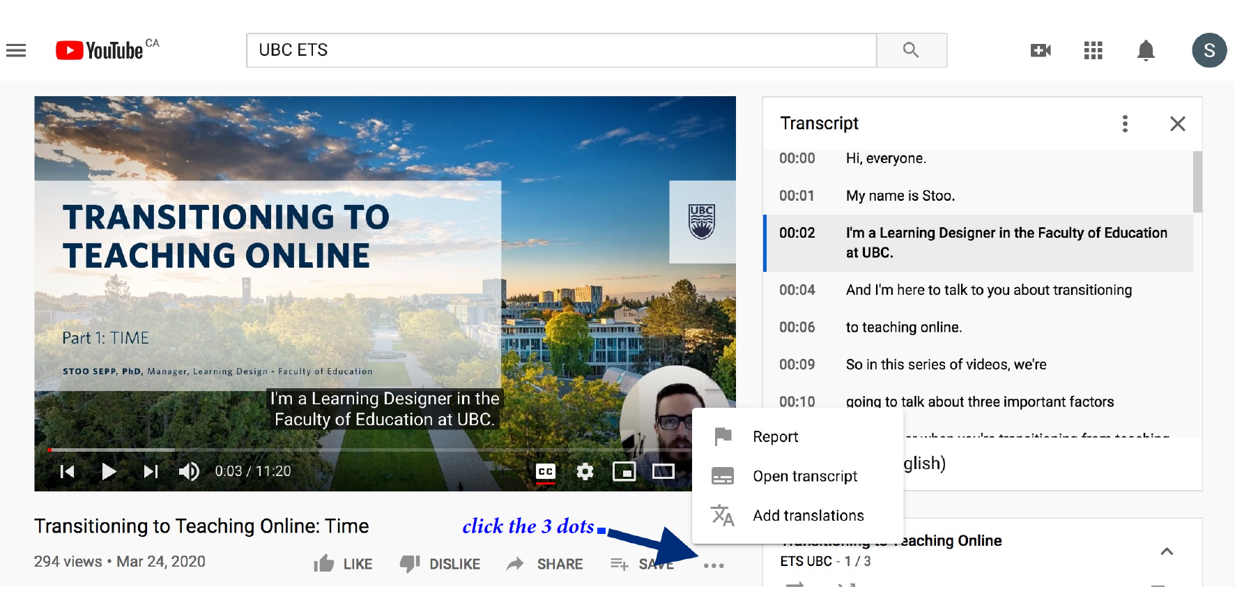 viewing video transcript in Youtube
